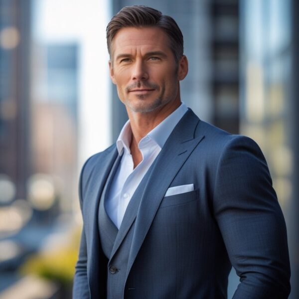 Homem elegante em pé em ambiente urbano moderno, vestindo terno e com postura confiante.