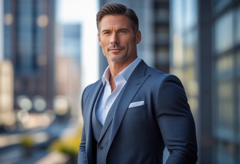 Homem elegante em pé em ambiente urbano moderno, vestindo terno e com postura confiante.