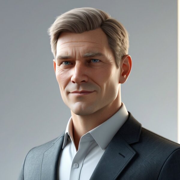 Retrato 3D de um homem confiante de meia-idade com cabelo castanho claro curto, vestido com um terno escuro em um ambiente profissional minimalista.