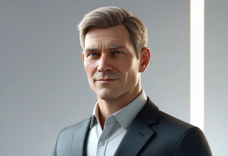 Retrato 3D de um homem confiante de meia-idade com cabelo castanho claro curto, vestido com um terno escuro em um ambiente profissional minimalista.