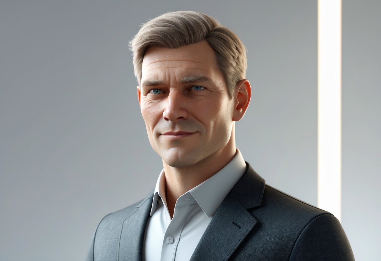 Retrato 3D de um homem confiante de meia-idade com cabelo castanho claro curto, vestido com um terno escuro em um ambiente profissional minimalista.
