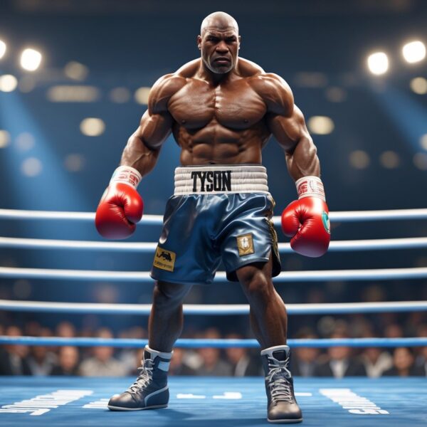 Cena de um boxeador determinado no centro de um ringue, com uma multidão animada ao fundo, transmitindo emoção e superação.