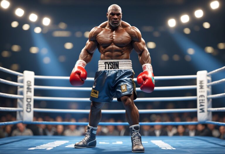 Cena de um boxeador determinado no centro de um ringue, com uma multidão animada ao fundo, transmitindo emoção e superação.