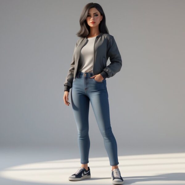 Uma mulher jovem em pé, mostrando sua altura completa, com cabelo escuro e roupas casuais, em um ambiente de estúdio simples.