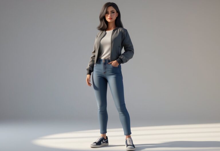Uma mulher jovem em pé, mostrando sua altura completa, com cabelo escuro e roupas casuais, em um ambiente de estúdio simples.
