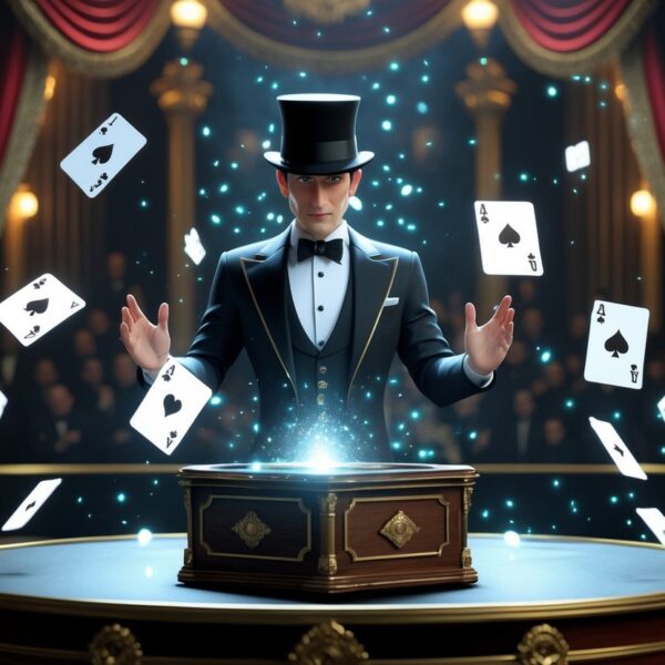 Um mágico em um palco teatral com cartas flutuando e uma caixa aberta com luz brilhante, criando uma atmosfera de suspense e mistério.