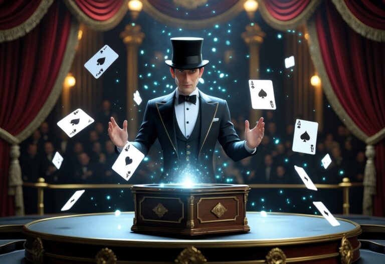 Um mágico em um palco teatral com cartas flutuando e uma caixa aberta com luz brilhante, criando uma atmosfera de suspense e mistério.