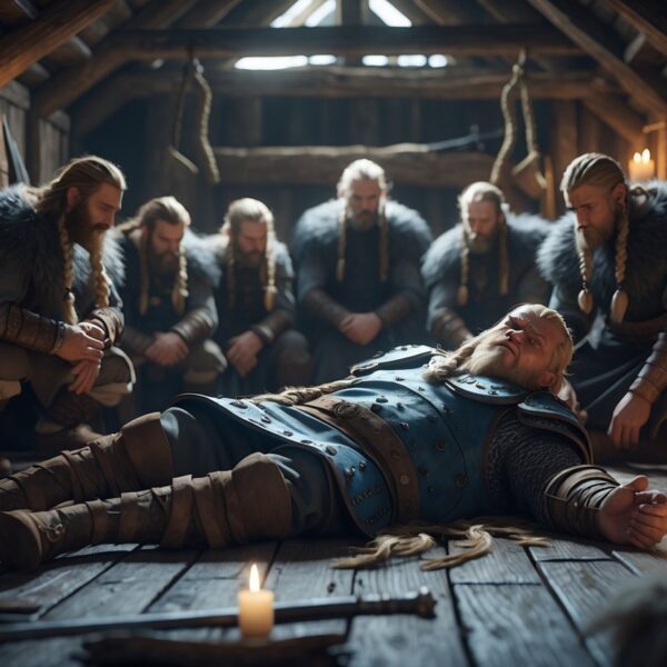 Guerreiro viking ferido deitado no chão de uma casa longa de madeira, cercado por outros vikings tristes e velas acesas.
