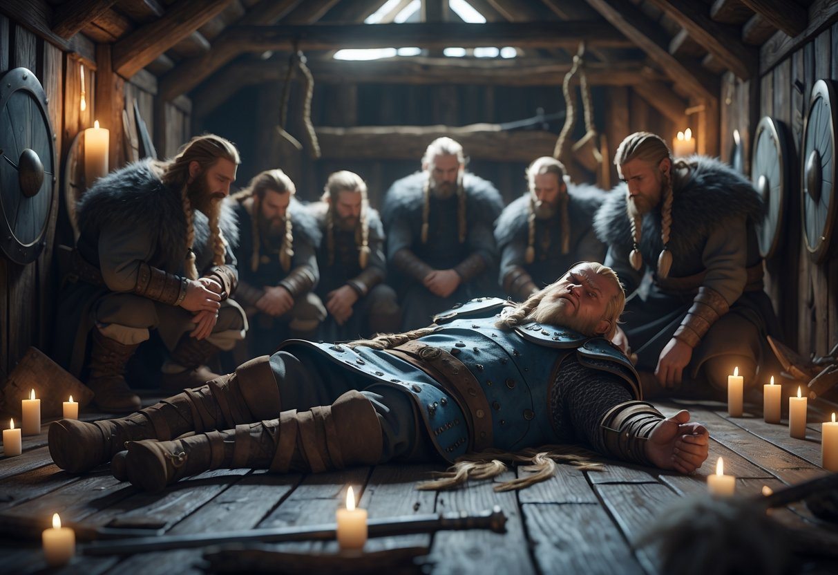 Guerreiro viking ferido deitado no chão de uma casa longa de madeira, cercado por outros vikings tristes e velas acesas.