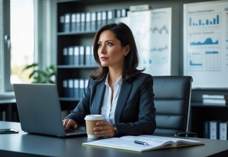 Mulher pensativa sentada em uma mesa de escritório moderna, com laptop e xícara de café, cercada por livros e um quadro branco com anotações.