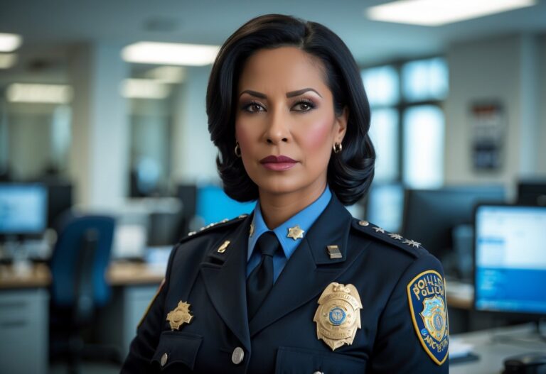 Mulher de meia-idade em uniforme de polícia, em um escritório de delegacia moderno, com expressão séria e confiante.