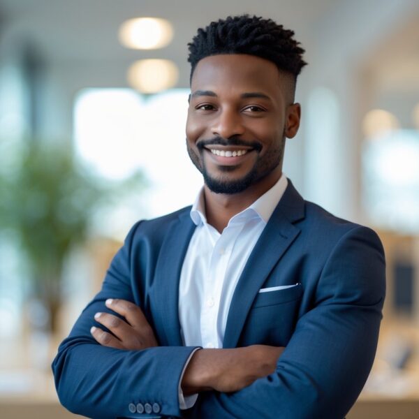 Homem afro-americano confiante em um escritório moderno, sorrindo e com os braços cruzados.