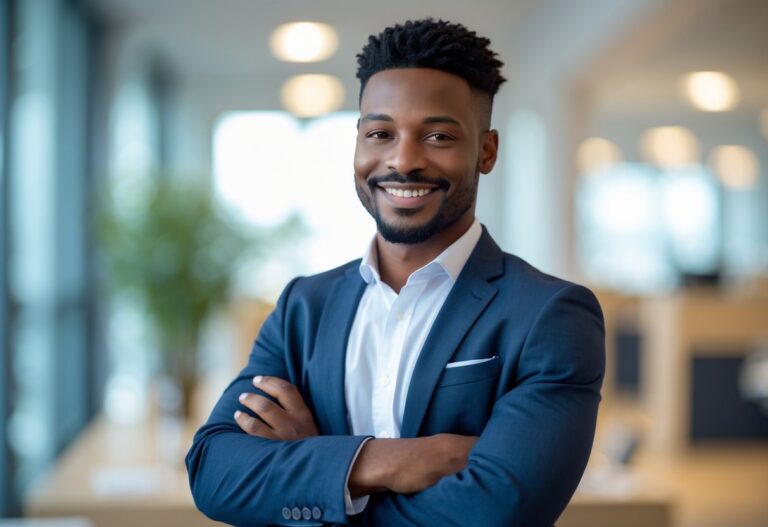 Homem afro-americano confiante em um escritório moderno, sorrindo e com os braços cruzados.