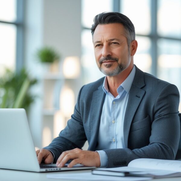 Homem de meia-idade sentado em uma mesa de escritório moderno, com expressão pensativa e ambiente iluminado e organizado.