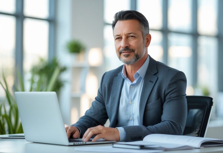 Homem de meia-idade sentado em uma mesa de escritório moderno, com expressão pensativa e ambiente iluminado e organizado.