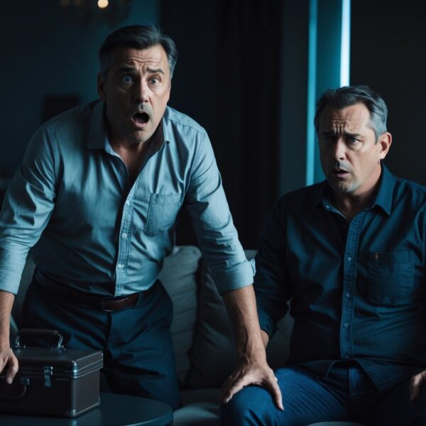 Dois homens em uma sala, um parece chocado e o outro está sentado com expressão séria, em um momento tenso.