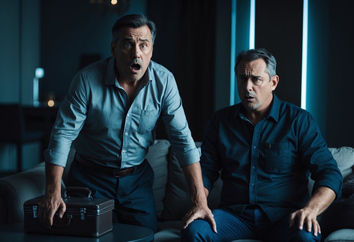 Dois homens em uma sala, um parece chocado e o outro está sentado com expressão séria, em um momento tenso.