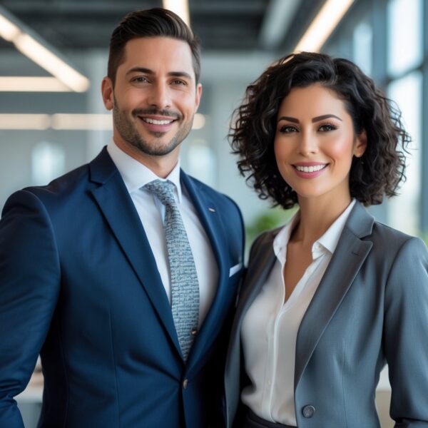 Dois profissionais de negócios sorrindo em um escritório moderno com janelas grandes e luz natural.