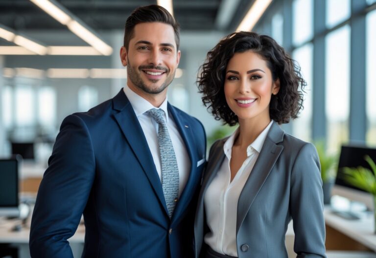 Dois profissionais de negócios sorrindo em um escritório moderno com janelas grandes e luz natural.