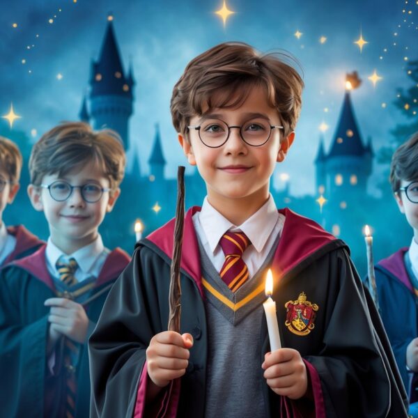 Um menino vestido com roupas de mago em diferentes idades, em uma linha do tempo mágica com livros flutuantes e castelo ao fundo.