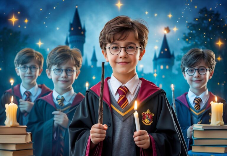 Um menino vestido com roupas de mago em diferentes idades, em uma linha do tempo mágica com livros flutuantes e castelo ao fundo.