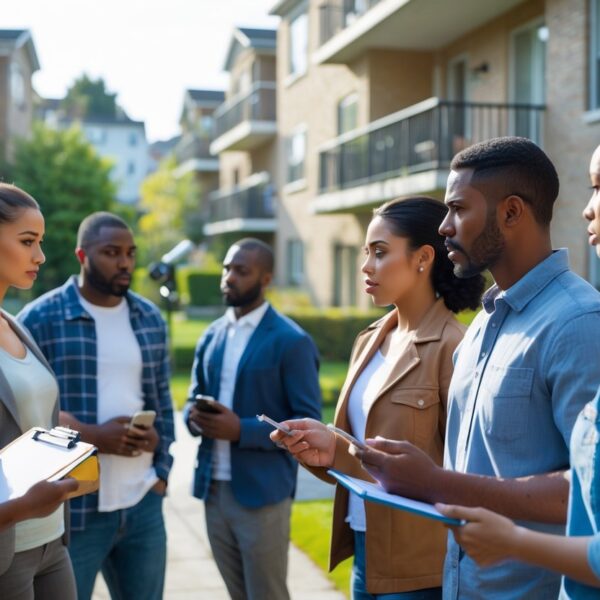 Um grupo diversificado de vizinhos reunidos do lado de fora de prédios residenciais, conversando seriamente sobre barulho na vizinhança.