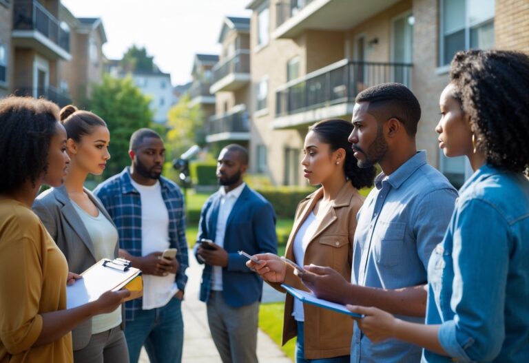 Um grupo diversificado de vizinhos reunidos do lado de fora de prédios residenciais, conversando seriamente sobre barulho na vizinhança.