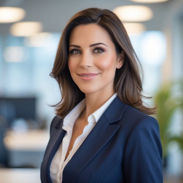 Mulher profissional sorrindo em um escritório moderno com iluminação natural.