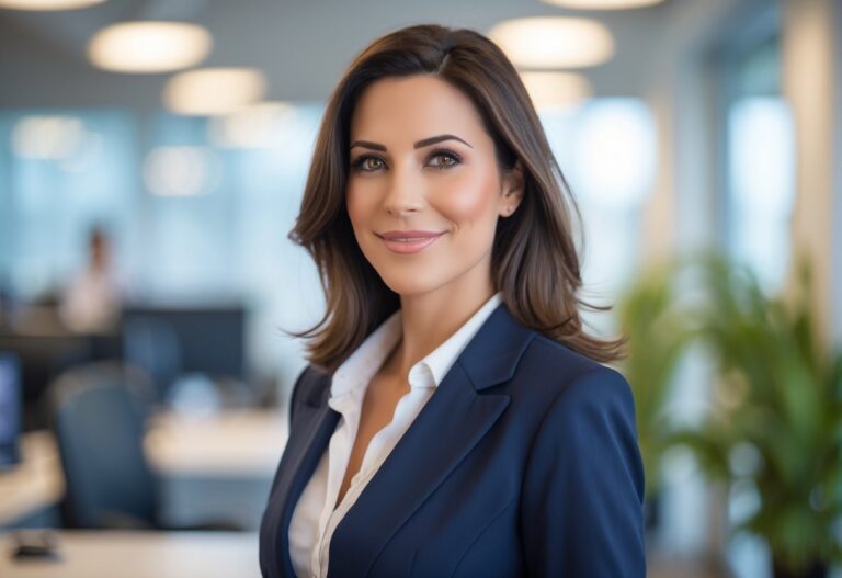 Mulher profissional sorrindo em um escritório moderno com iluminação natural.