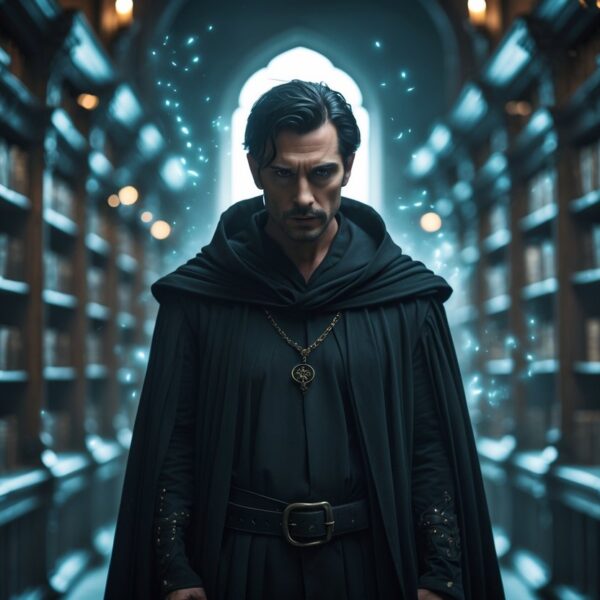 Homem de cabelo preto e expressão séria em uma biblioteca antiga e escura, com livros ao redor.