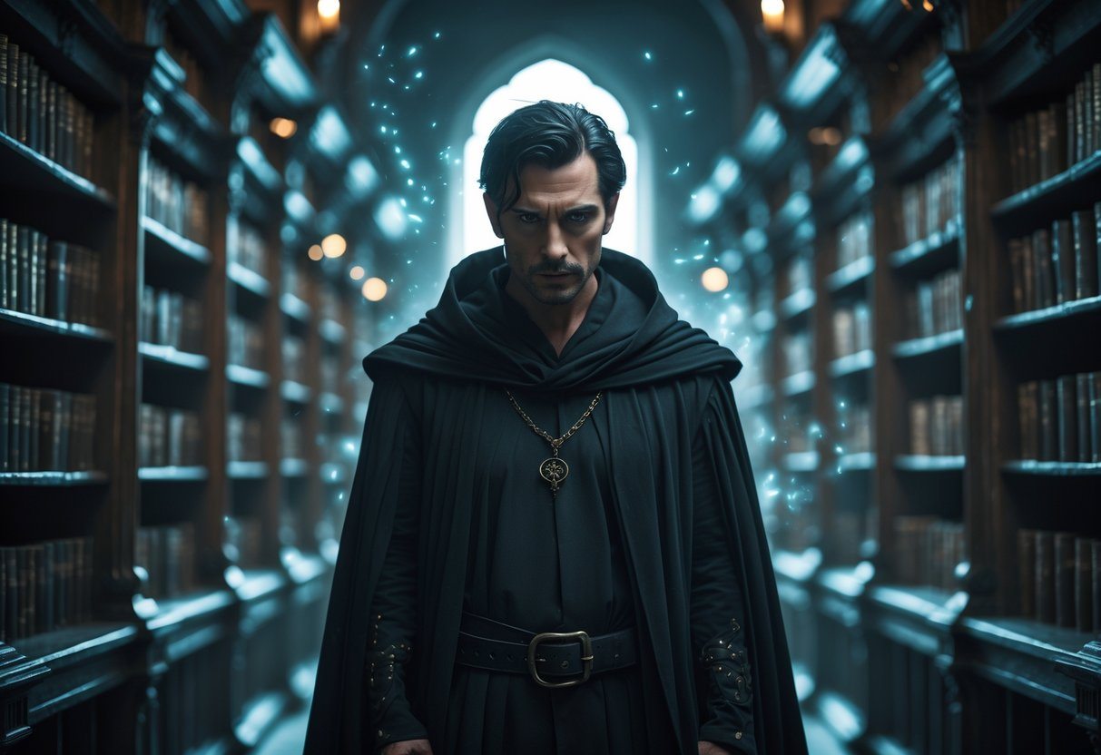 Homem de cabelo preto e expressão séria em uma biblioteca antiga e escura, com livros ao redor.
