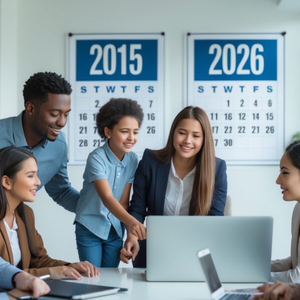 Uma mulher jovem e uma criança de cerca de 11 anos interagindo em um escritório moderno com um calendário ao fundo destacando os anos 2015 e 2026.