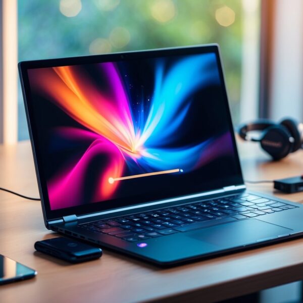 Um laptop em uma mesa de madeira com um emulador de Nintendo Switch aberto, rodeado por controles e fones de ouvido.