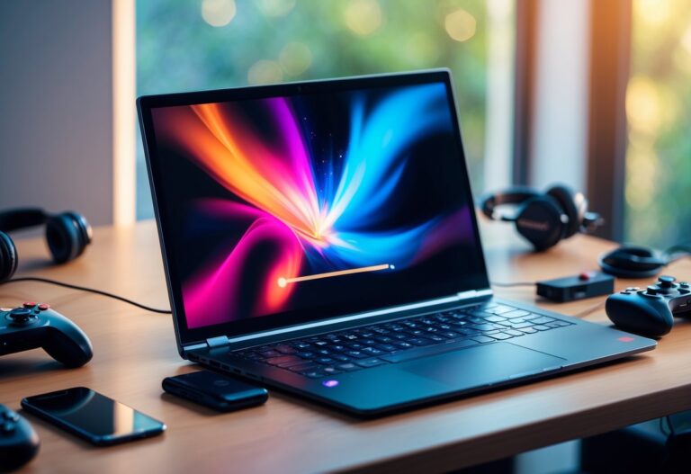 Um laptop em uma mesa de madeira com um emulador de Nintendo Switch aberto, rodeado por controles e fones de ouvido.