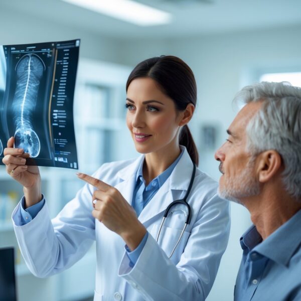 Médica explicando um exame para um paciente em um consultório médico moderno.