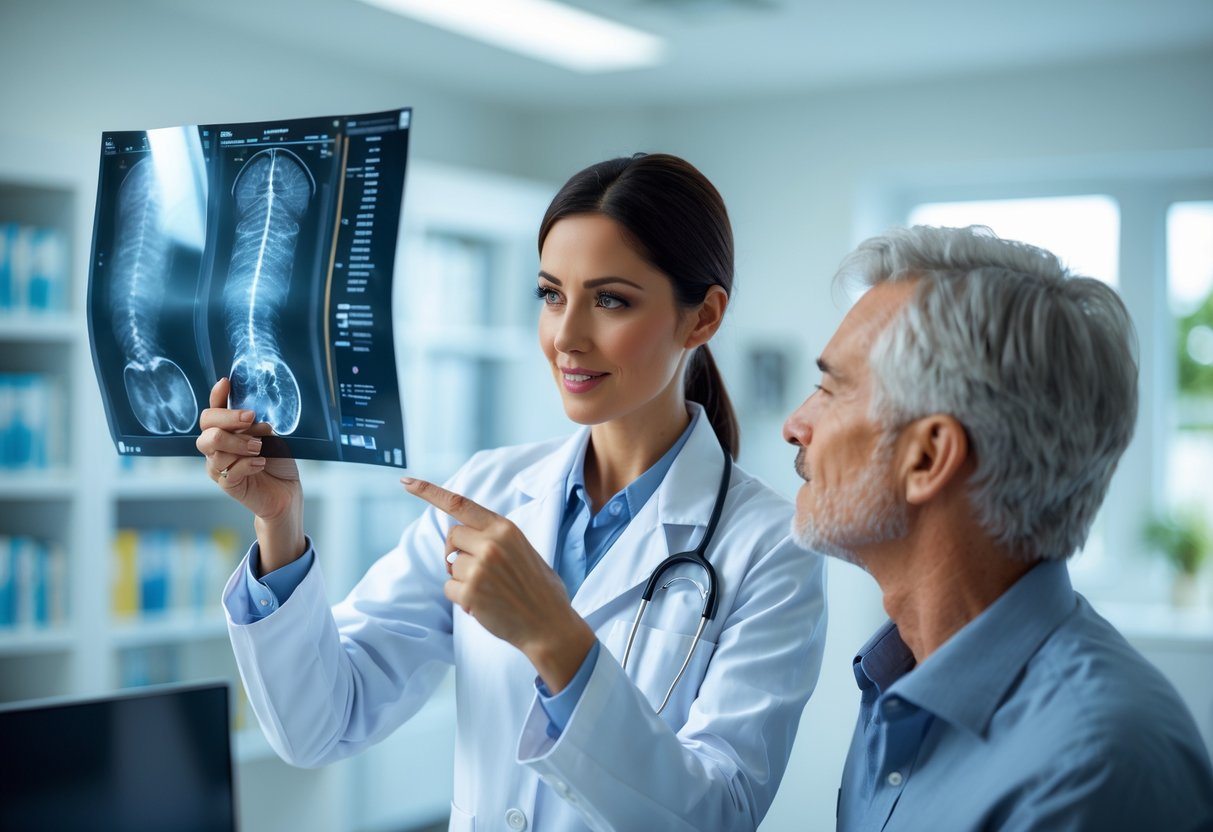 Médica explicando um exame para um paciente em um consultório médico moderno.