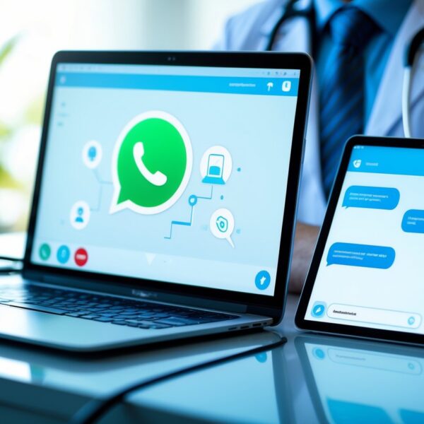 Mesa de trabalho moderna com laptop aberto mostrando interface de mensagens, estetoscópio, tablet com gráficos médicos e smartphone, em ambiente de escritório ou clínica.