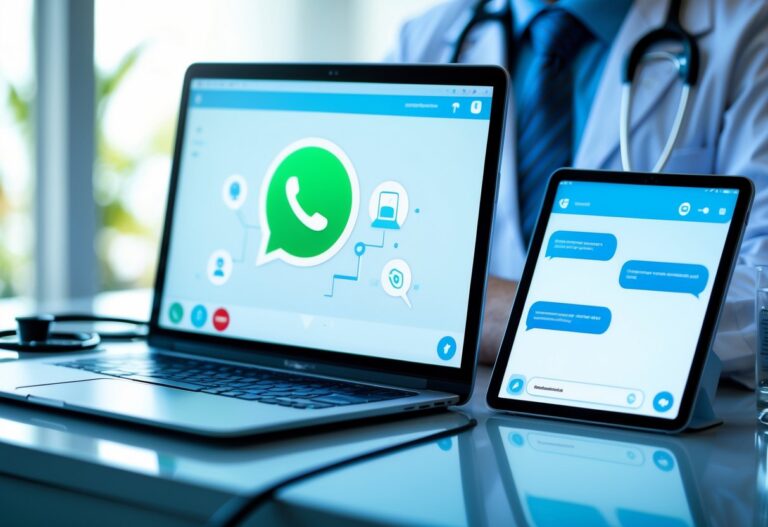 Mesa de trabalho moderna com laptop aberto mostrando interface de mensagens, estetoscópio, tablet com gráficos médicos e smartphone, em ambiente de escritório ou clínica.