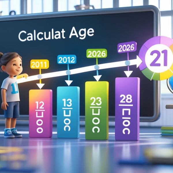 Criança e adolescente ao lado de uma linha do tempo digital mostrando os anos de 2011 a 2026 em uma sala de aula iluminada.