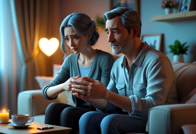Um homem e uma mulher em uma sala de estar aconchegante, o homem segura as mãos da mulher, ambos com expressões emocionais, simbolizando fidelidade e reconciliação.
