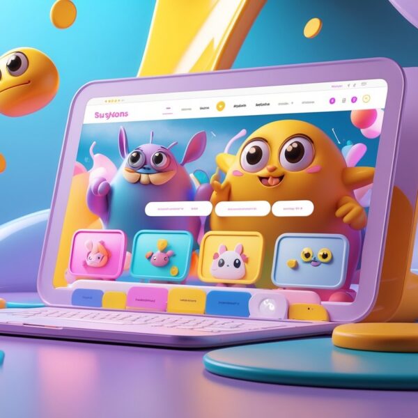 Interface digital colorida com personagens animados e elementos divertidos em um ambiente vibrante.