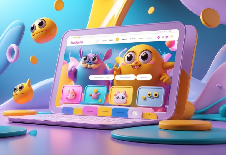 Interface digital colorida com personagens animados e elementos divertidos em um ambiente vibrante.