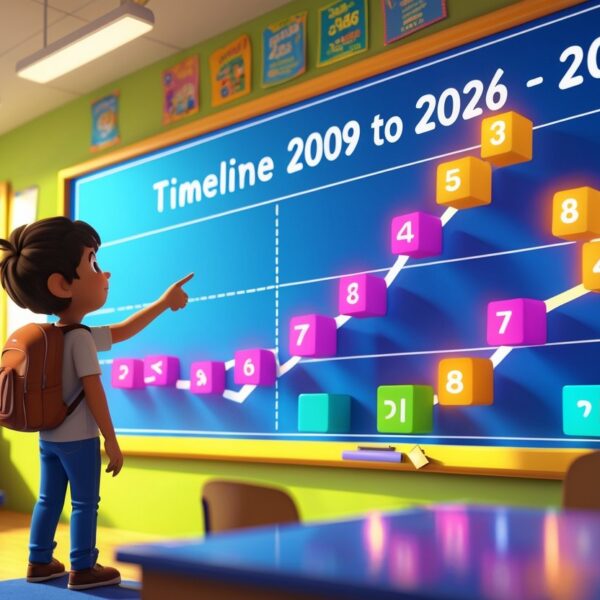 Criança em uma sala de aula apontando para uma linha do tempo em 3D que mostra os anos de 2009 a 2026.