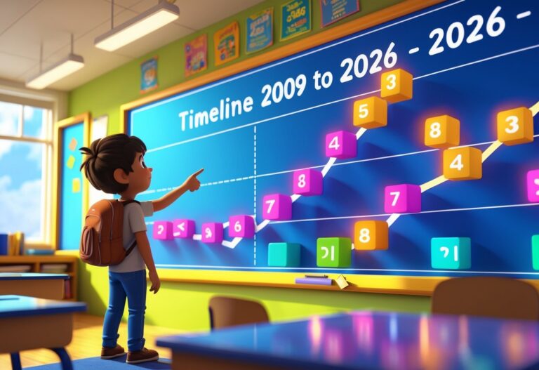 Criança em uma sala de aula apontando para uma linha do tempo em 3D que mostra os anos de 2009 a 2026.