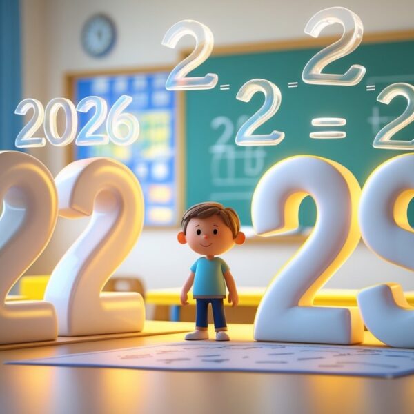 Cena mostrando números 2024 e 2026 com uma criança e um calendário, ilustrando o cálculo da idade entre esses anos.