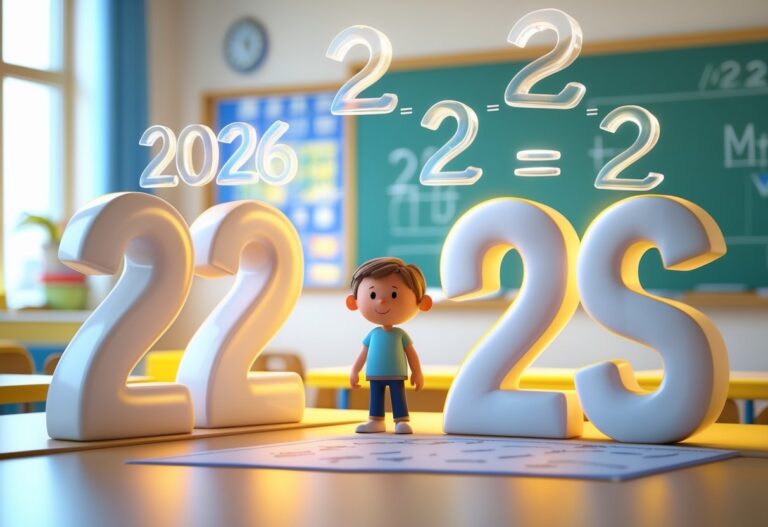 Cena mostrando números 2024 e 2026 com uma criança e um calendário, ilustrando o cálculo da idade entre esses anos.