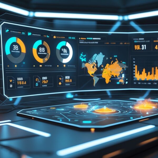 Painel digital futurista exibindo estatísticas e métricas de jogadores em um jogo de tiro tático.