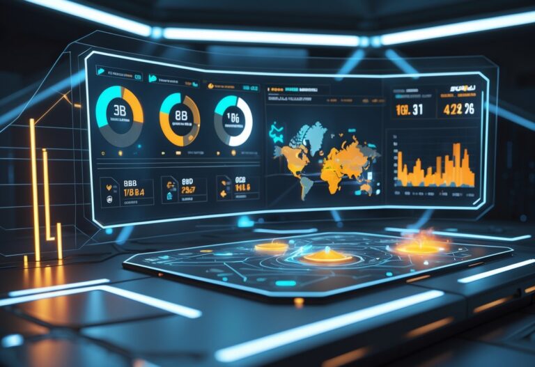 Painel digital futurista exibindo estatísticas e métricas de jogadores em um jogo de tiro tático.