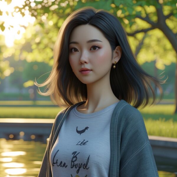 Uma jovem mulher asiática em um parque urbano tranquilo durante o pôr do sol, com árvores verdes e um lago refletindo a luz suave.