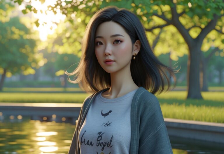 Uma jovem mulher asiática em um parque urbano tranquilo durante o pôr do sol, com árvores verdes e um lago refletindo a luz suave.